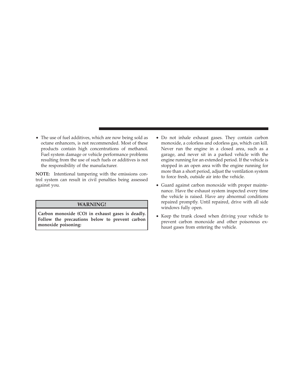 Carbon monoxide warnings, Adding fuel | Dodge 2009 Charger User Manual | Page 338 / 484