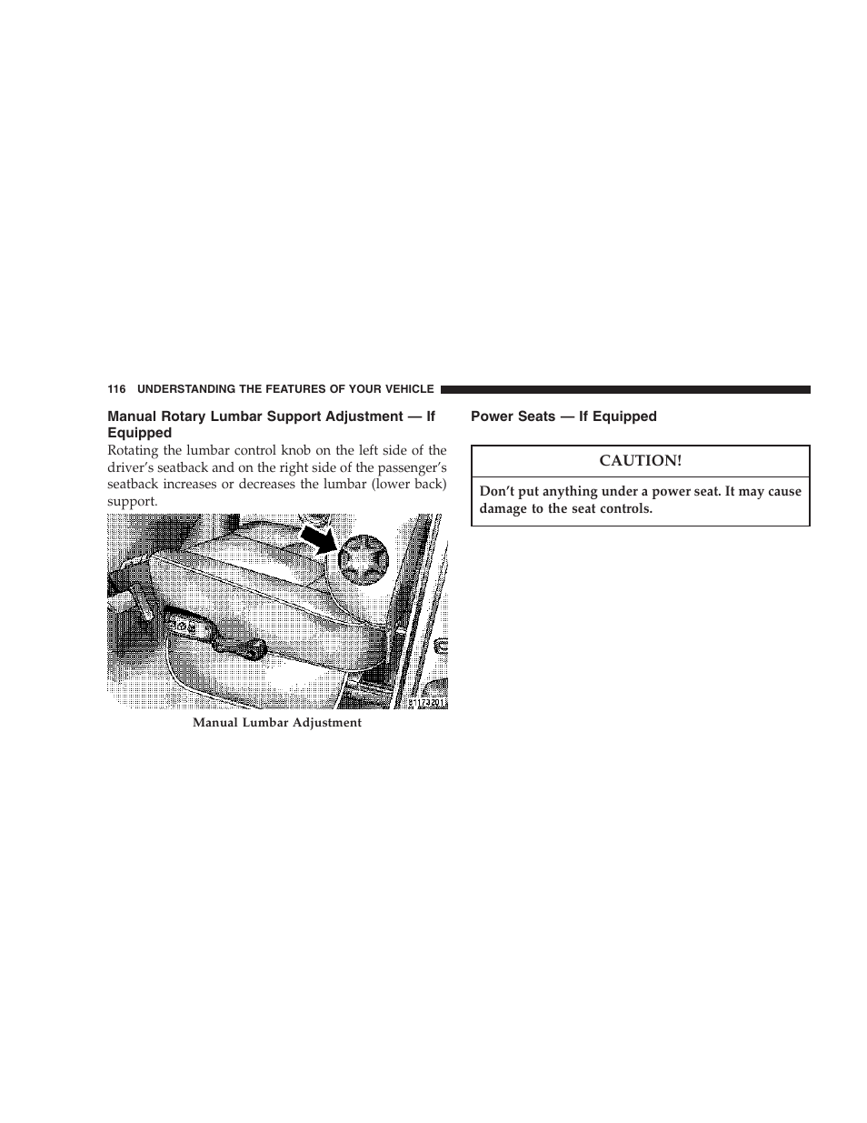 Manual rotary lumbar support adjustment — if, Equipped, Power seats — if equipped | Dodge 2007 Ram Chassis Cab User Manual | Page 116 / 532