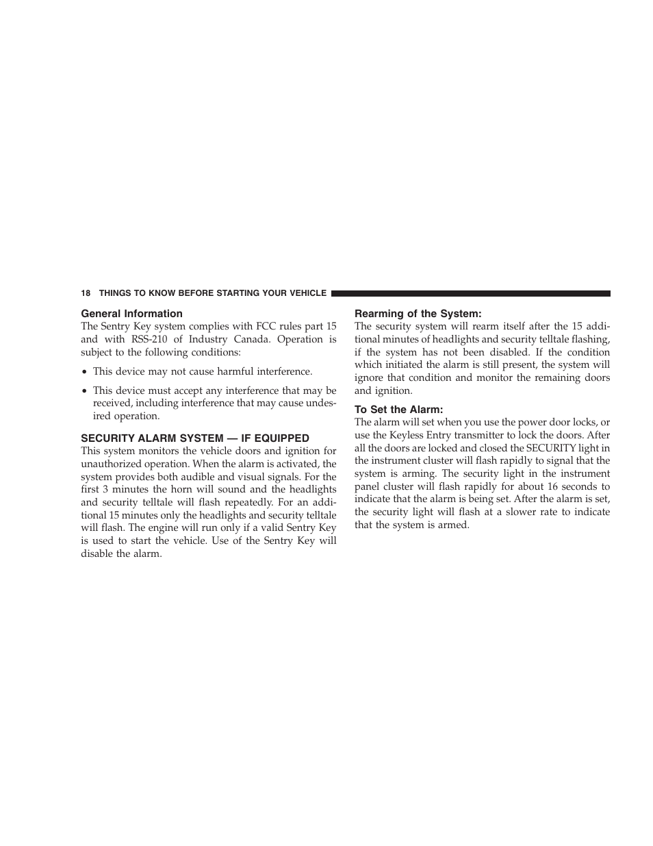 General information, Security alarm system — if equipped, Rearming of the system | To set the alarm | Dodge 2007 Ram Chassis Cab User Manual | Page 18 / 532