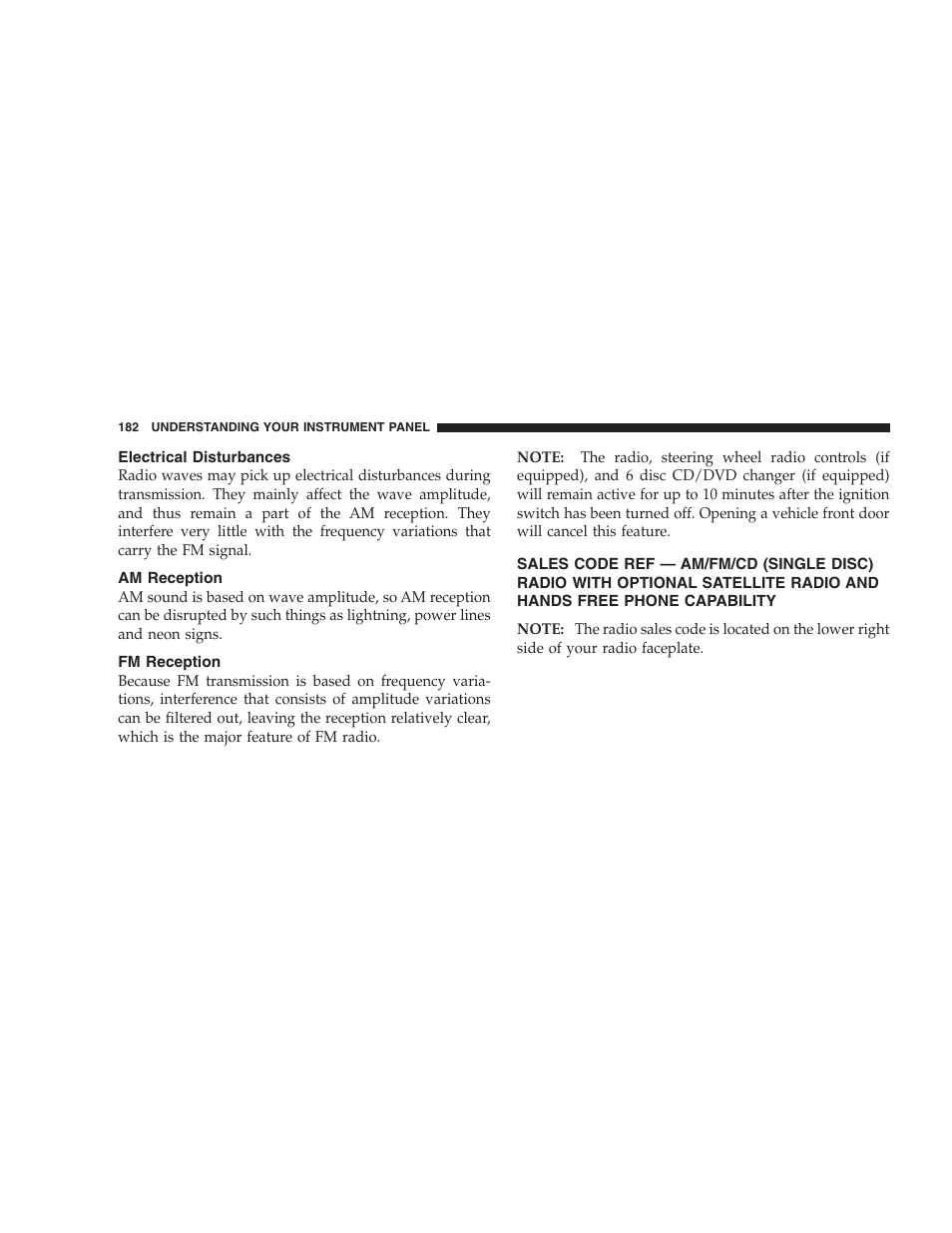 Electrical disturbances, Am reception, Fm reception | Sales code ref — am/fm/cd (single disc) radio | Dodge 2007 Ram Chassis Cab User Manual | Page 182 / 532