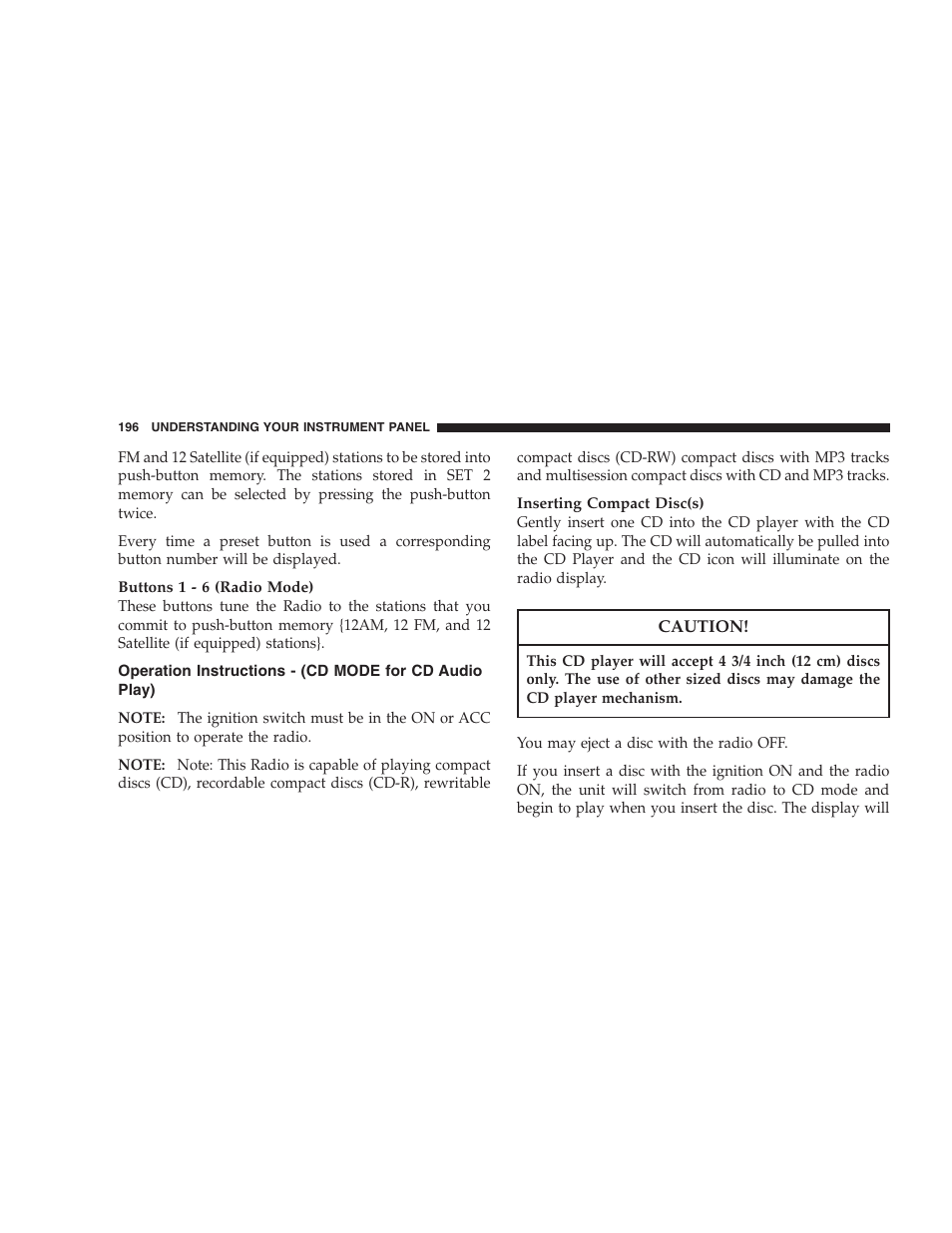 Operation instructions - (cd mode for cd audio, Play) | Dodge 2007 Ram Chassis Cab User Manual | Page 196 / 532