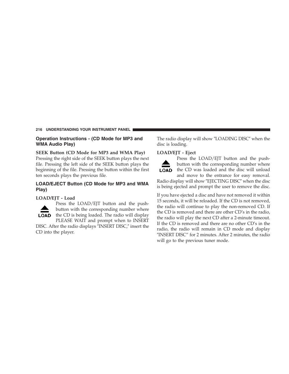 Operation instructions - (cd mode for mp3 and, Wma audio play), Load/eject button (cd mode for mp3 and wma | Play) | Dodge 2007 Ram Chassis Cab User Manual | Page 216 / 532