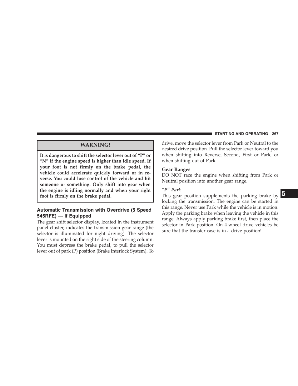 Automatic transmission with overdrive (5 speed, 545rfe) — if equipped | Dodge 2007 Ram Chassis Cab User Manual | Page 267 / 532