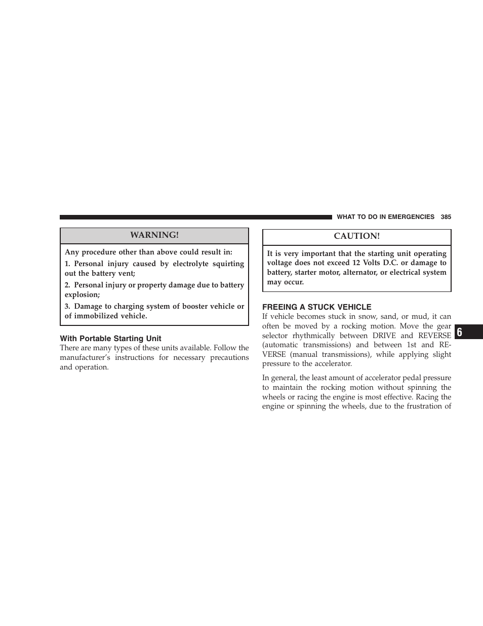 With portable starting unit, Freeing a stuck vehicle | Dodge 2007 Ram Chassis Cab User Manual | Page 385 / 532