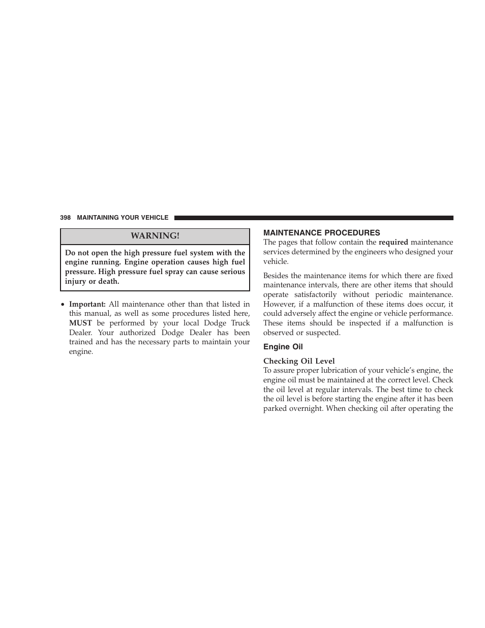 Maintenance procedures, Engine oil | Dodge 2007 Ram Chassis Cab User Manual | Page 398 / 532