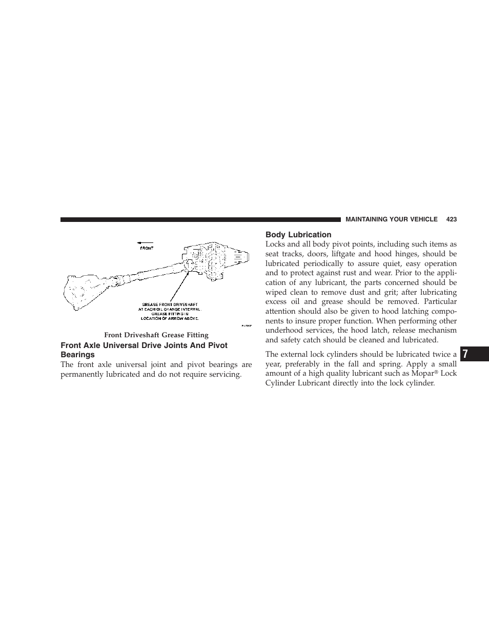 Front axle universal drive joints and pivot, Bearings, Body lubrication | Dodge 2007 Ram Chassis Cab User Manual | Page 423 / 532