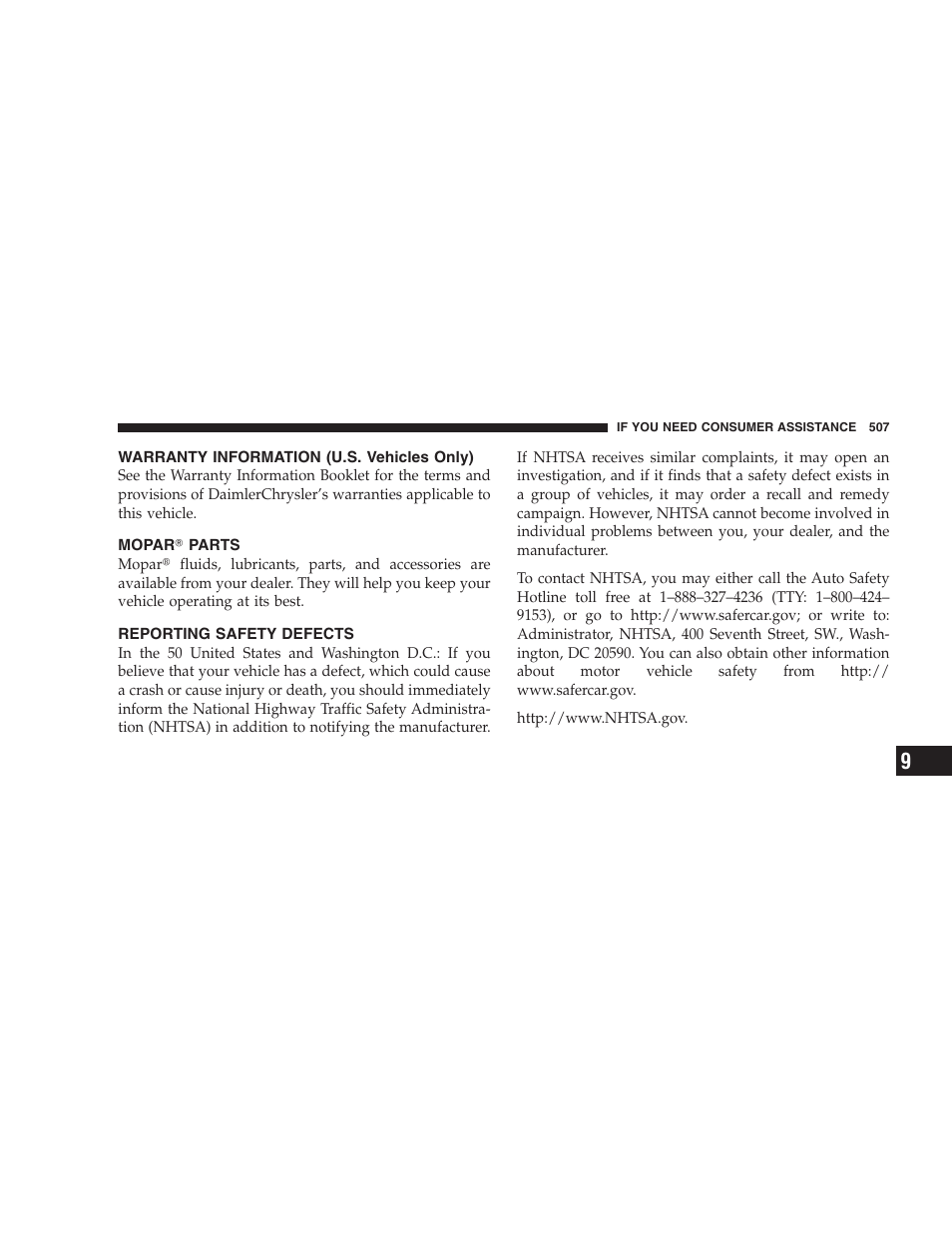 Warranty information (u.s. vehicles only), Mopar௡ parts, Reporting safety defects | Dodge 2007 Ram Chassis Cab User Manual | Page 507 / 532