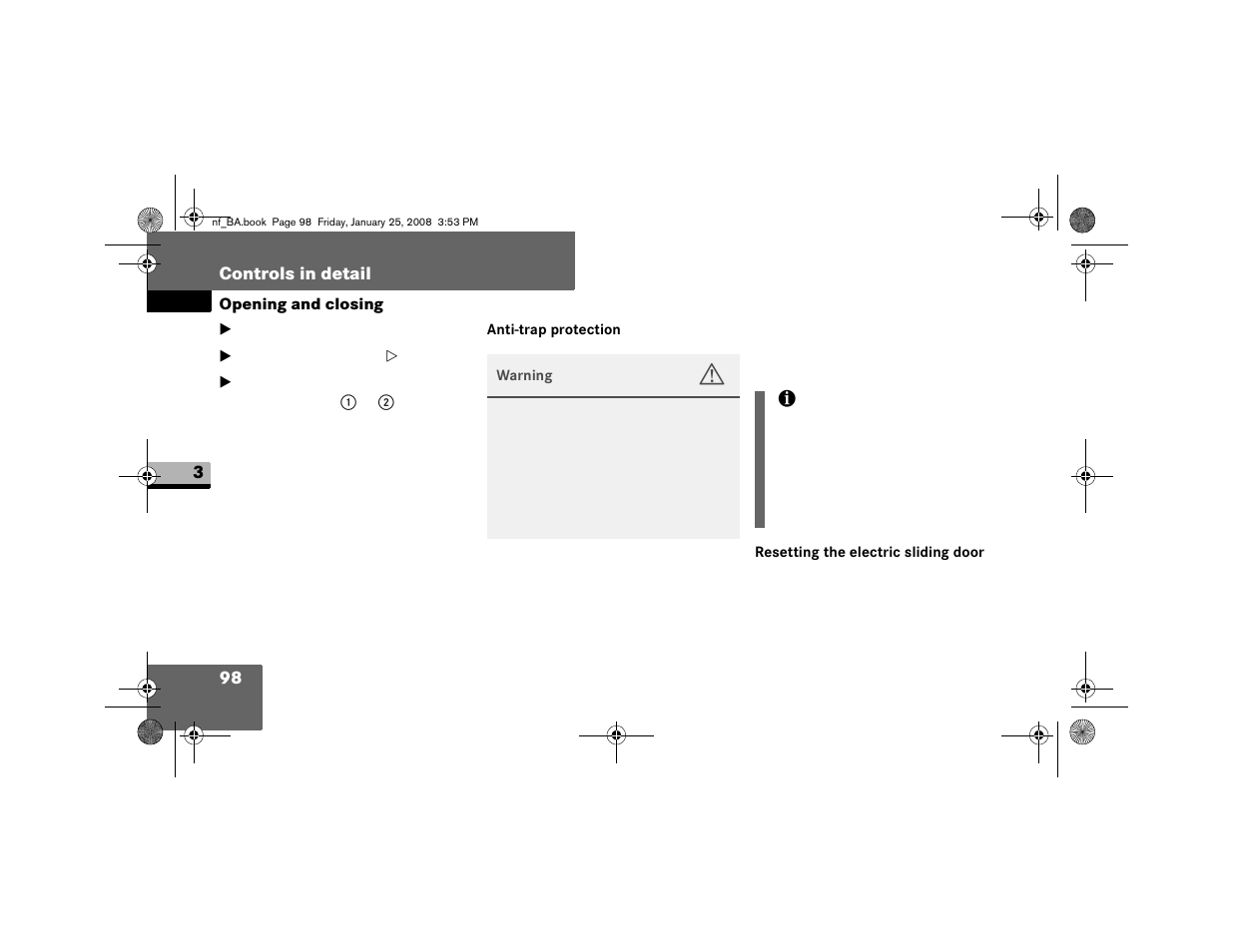 Anti- trap protection, Resetting the electric sliding door | Dodge 2008 Sprinter User Manual | Page 100 / 666