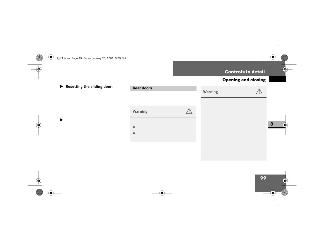 Resetting the sliding door, Rear doors | Dodge 2008 Sprinter User Manual | Page 101 / 666