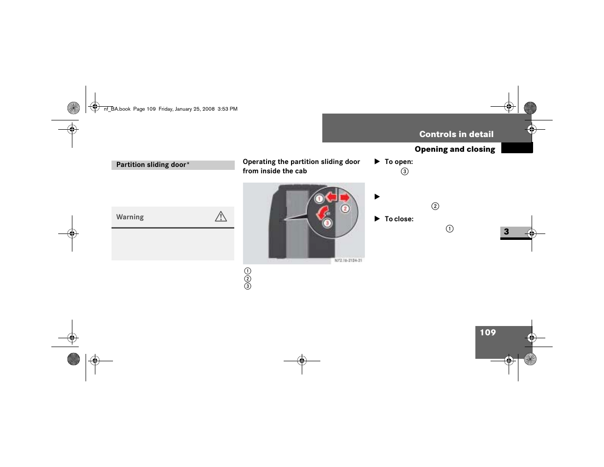 Partition sliding door, To open, To close | Dodge 2008 Sprinter User Manual | Page 111 / 666