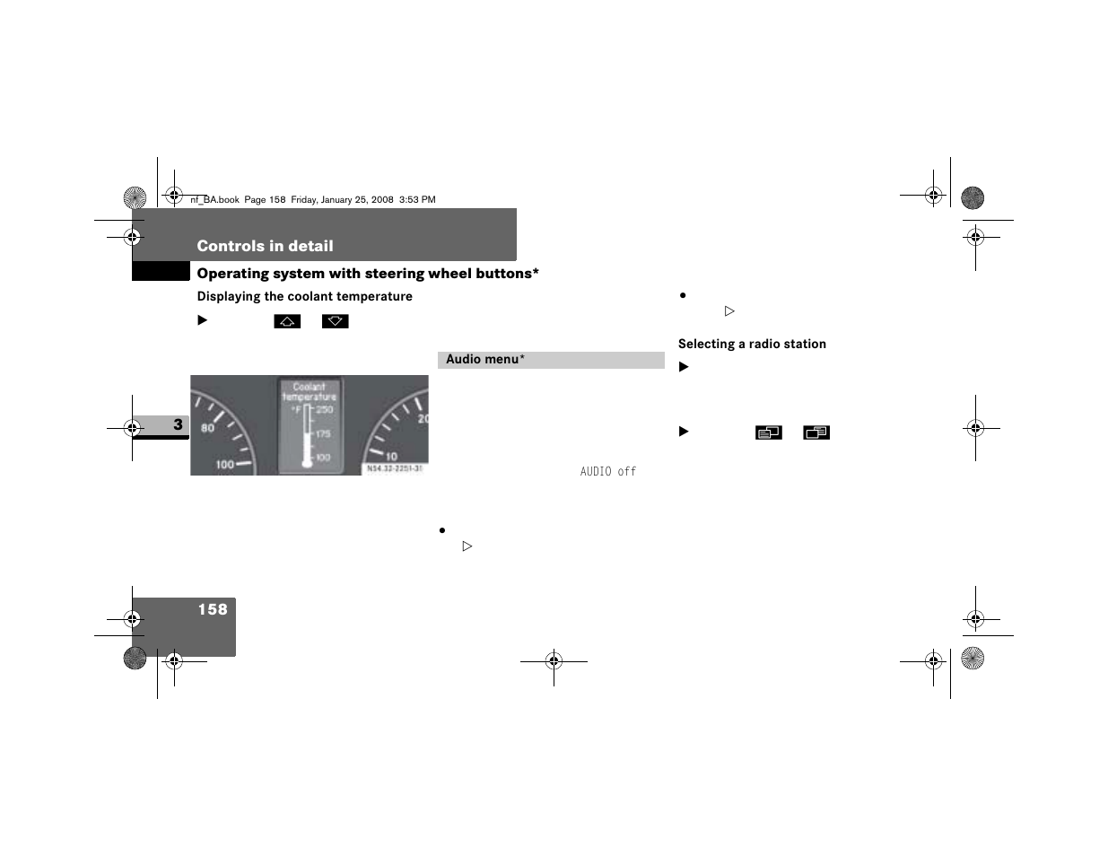 Displaying the coolant temperature, Audio menu, Selecting a radio station | Dodge 2008 Sprinter User Manual | Page 160 / 666