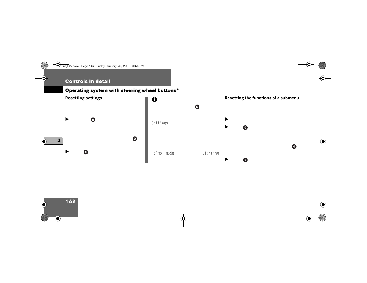 Resetting settings, Resetting the functions of a submenu | Dodge 2008 Sprinter User Manual | Page 164 / 666