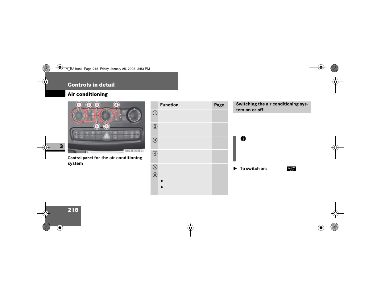 Switching the air conditioning system on or off | Dodge 2008 Sprinter User Manual | Page 220 / 666