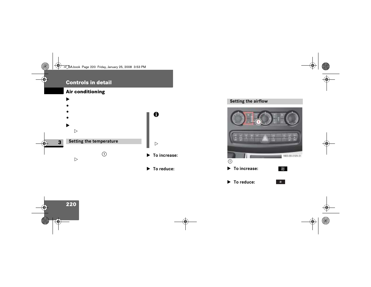 Setting the temperature, Setting the airflow | Dodge 2008 Sprinter User Manual | Page 222 / 666