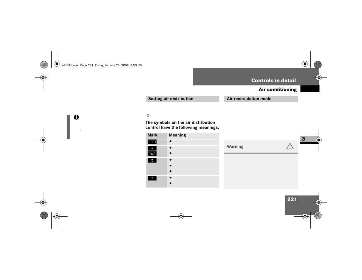 Setting air distribution, Air-recirculation mode | Dodge 2008 Sprinter User Manual | Page 223 / 666