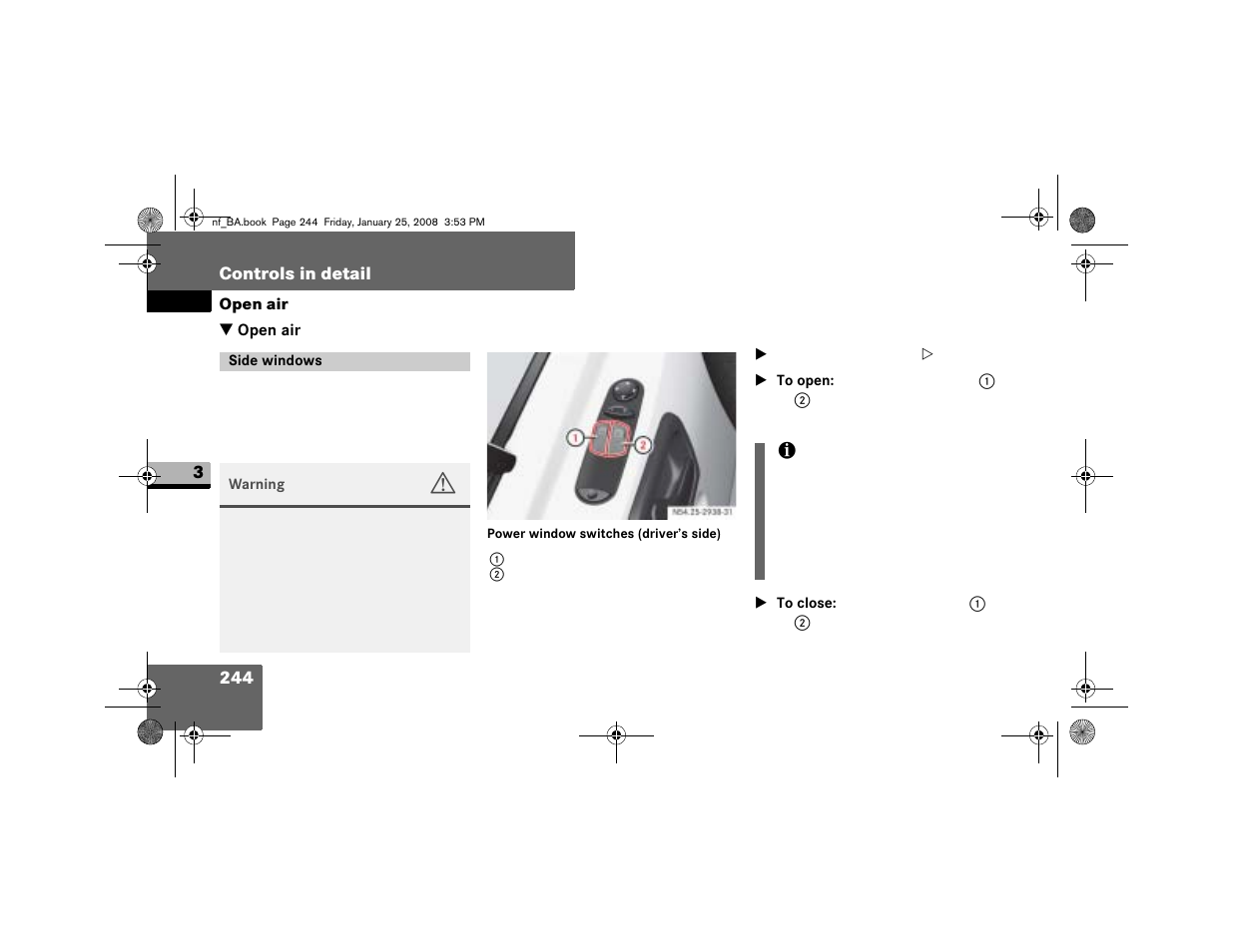 Open air, Side windows | Dodge 2008 Sprinter User Manual | Page 246 / 666