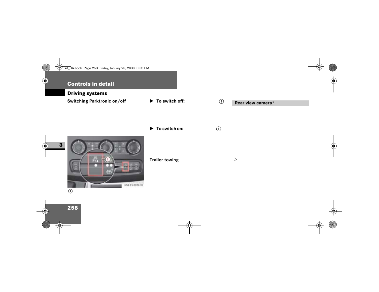 Switching parktronic on/ off, Trailer towing, Rear view camera | Dodge 2008 Sprinter User Manual | Page 260 / 666