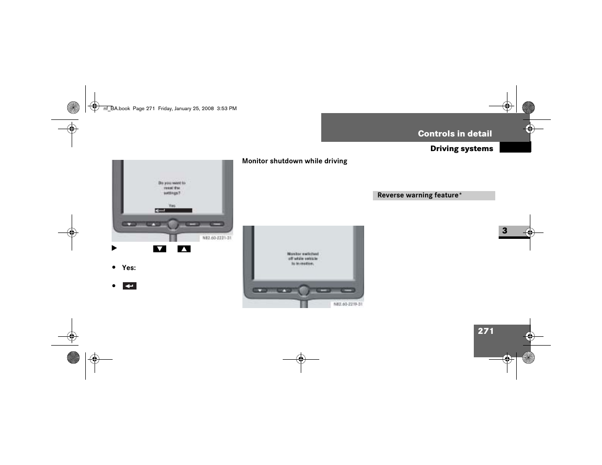 Monitor shutdown while driving, Reverse warning feature | Dodge 2008 Sprinter User Manual | Page 273 / 666