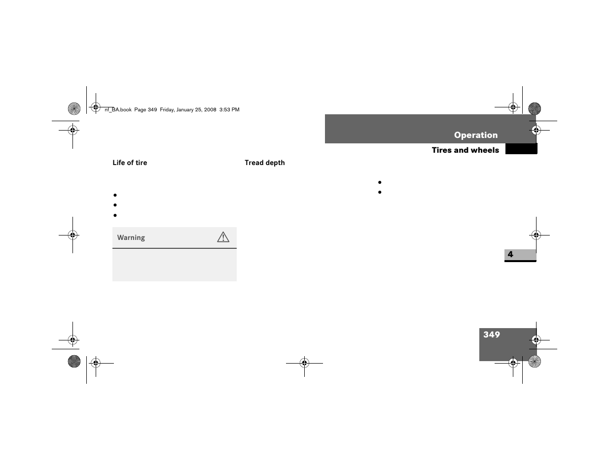 Life of tire, Tread depth | Dodge 2008 Sprinter User Manual | Page 351 / 666