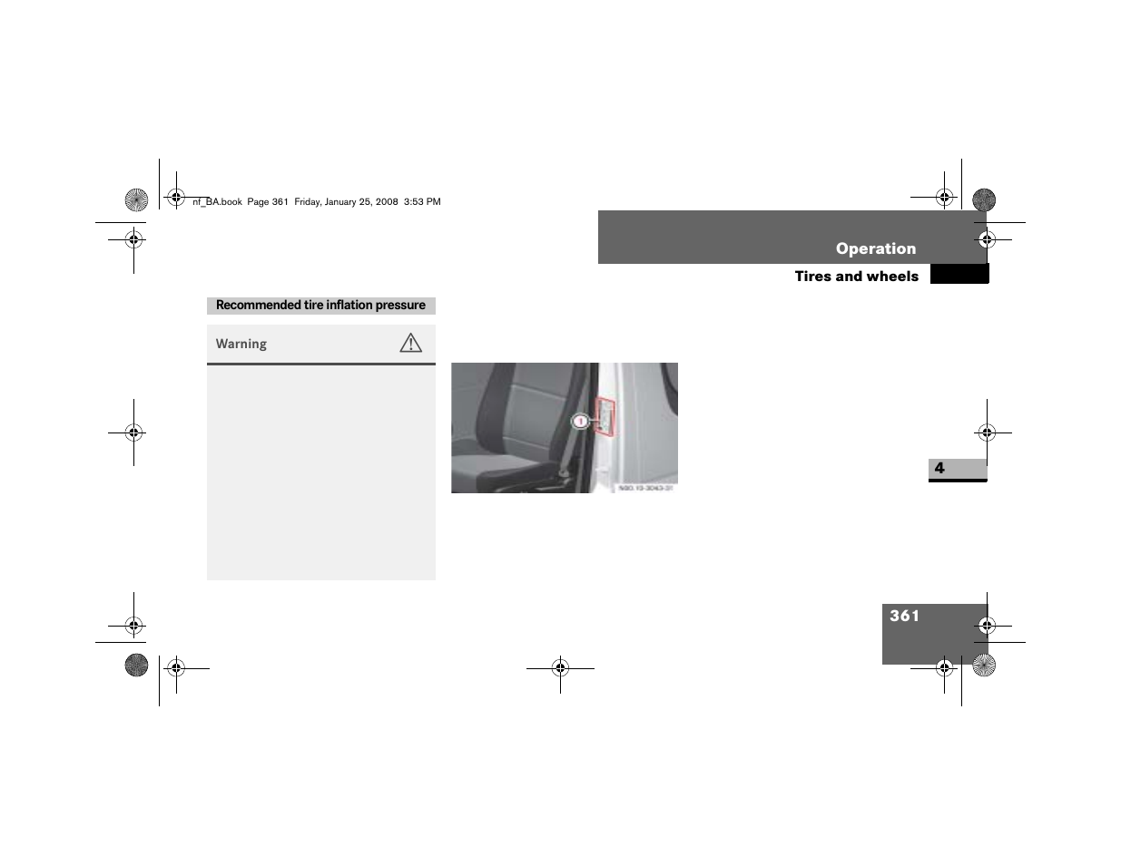 Recommended tire inflation pressure | Dodge 2008 Sprinter User Manual | Page 363 / 666