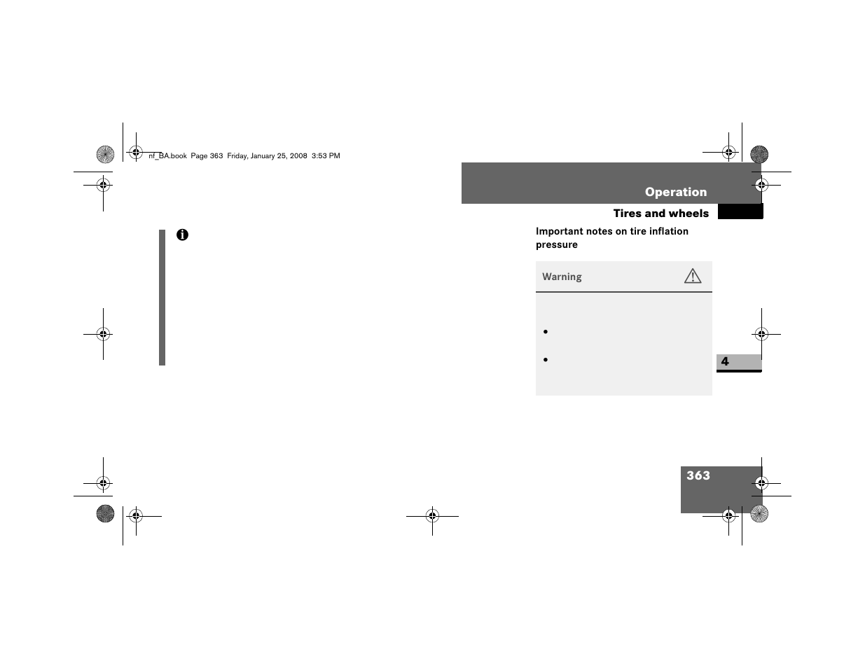 Important notes on tire inflation pressure | Dodge 2008 Sprinter User Manual | Page 365 / 666