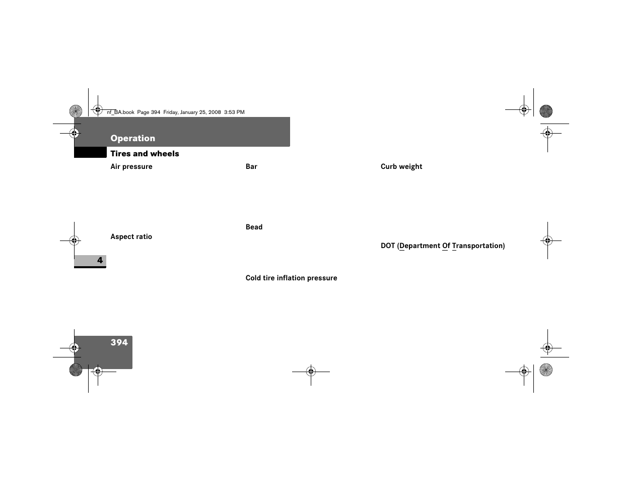 Air pressure, Aspect ratio, Bead | Cold tire inflation pressure, Curb weight, Dot (department of transportation) | Dodge 2008 Sprinter User Manual | Page 396 / 666