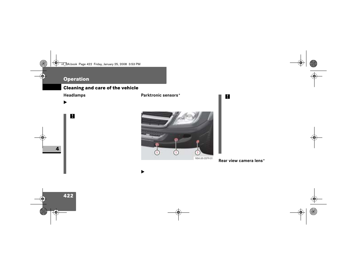 Headlamps, Parktronic sensors, Rear view camera lens | Dodge 2008 Sprinter User Manual | Page 424 / 666