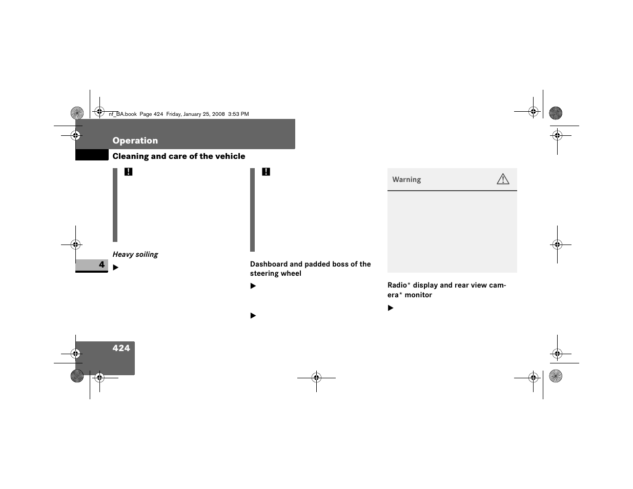 Dashboard and padded boss of the steering wheel, Radio* display and rear view camera* monitor | Dodge 2008 Sprinter User Manual | Page 426 / 666