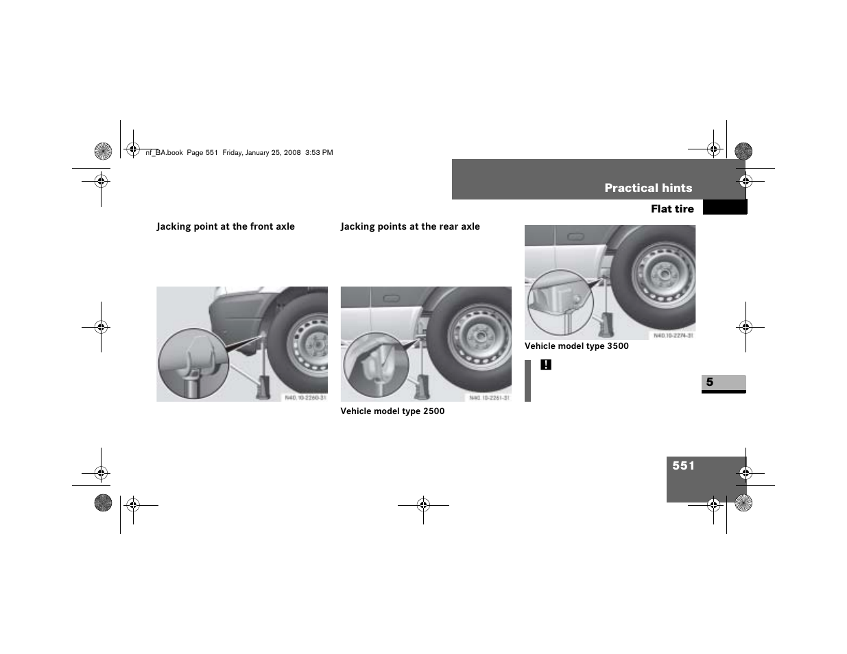 Jacking point at the front axle, Jacking points at the rear axle, 551 practical hints | Dodge 2008 Sprinter User Manual | Page 553 / 666