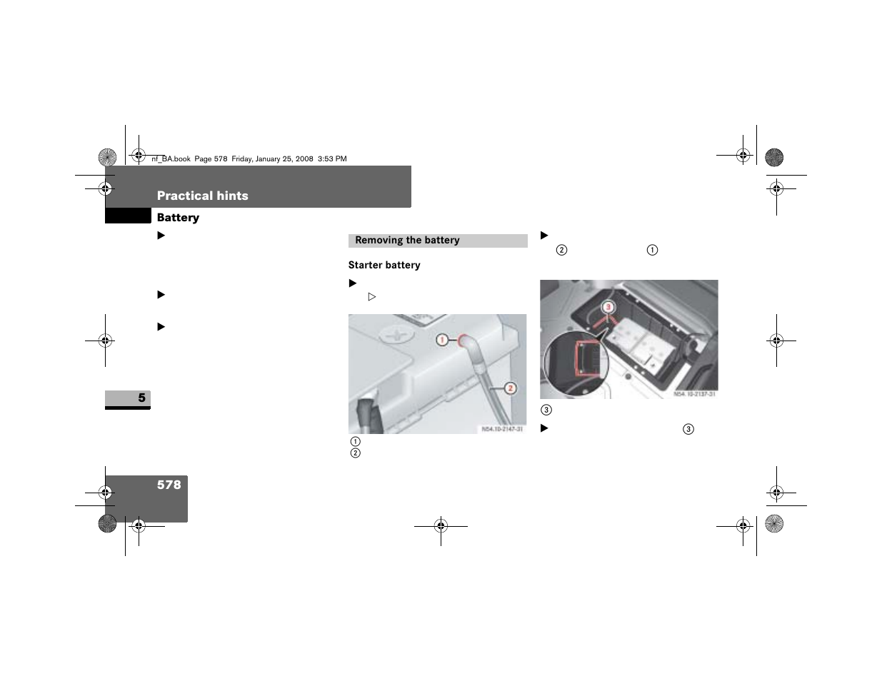 Removing the battery, Starter battery | Dodge 2008 Sprinter User Manual | Page 580 / 666