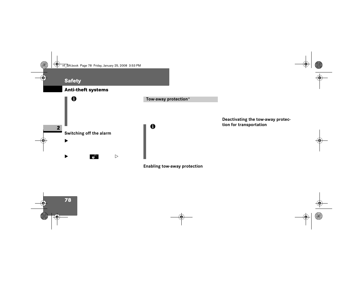 Switching off the alarm, Tow-away protection, Enabling tow-away protection | Dodge 2008 Sprinter User Manual | Page 80 / 666