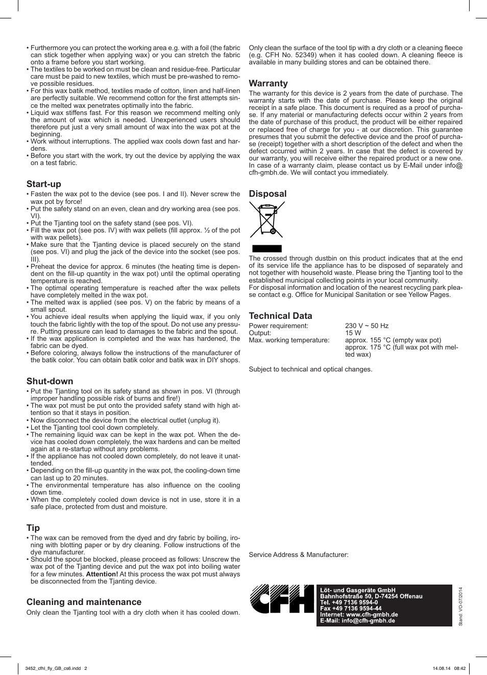 Start-up, Shut-down, Cleaning and maintenance | Warranty, Disposal, Technical data | Crelando 48420 User Manual | Page 2 / 2