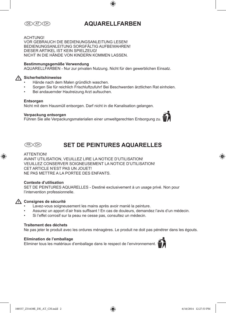 Aquarellfarben, Set de peintures aquarelles | Crelando Z31638E User Manual | Page 2 / 4