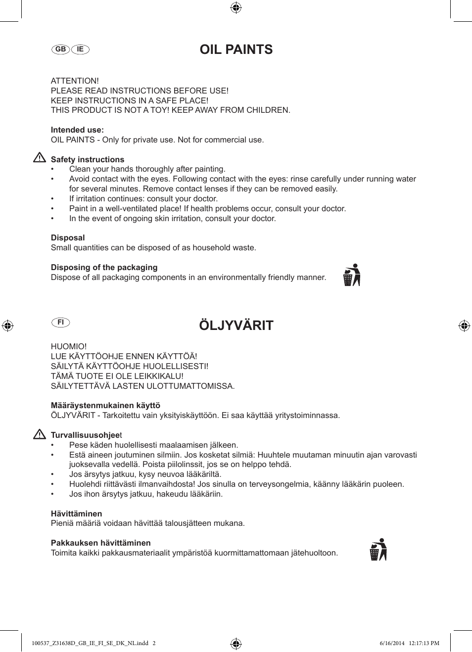 Oil paints, Öljyvärit | Crelando Z31638D User Manual | Page 2 / 6