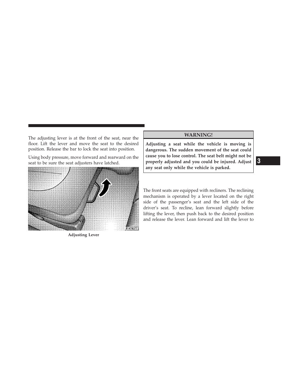 Manual seat adjustment, Front seats manual seat recliners | Dodge 2010 Dakota User Manual | Page 122 / 450