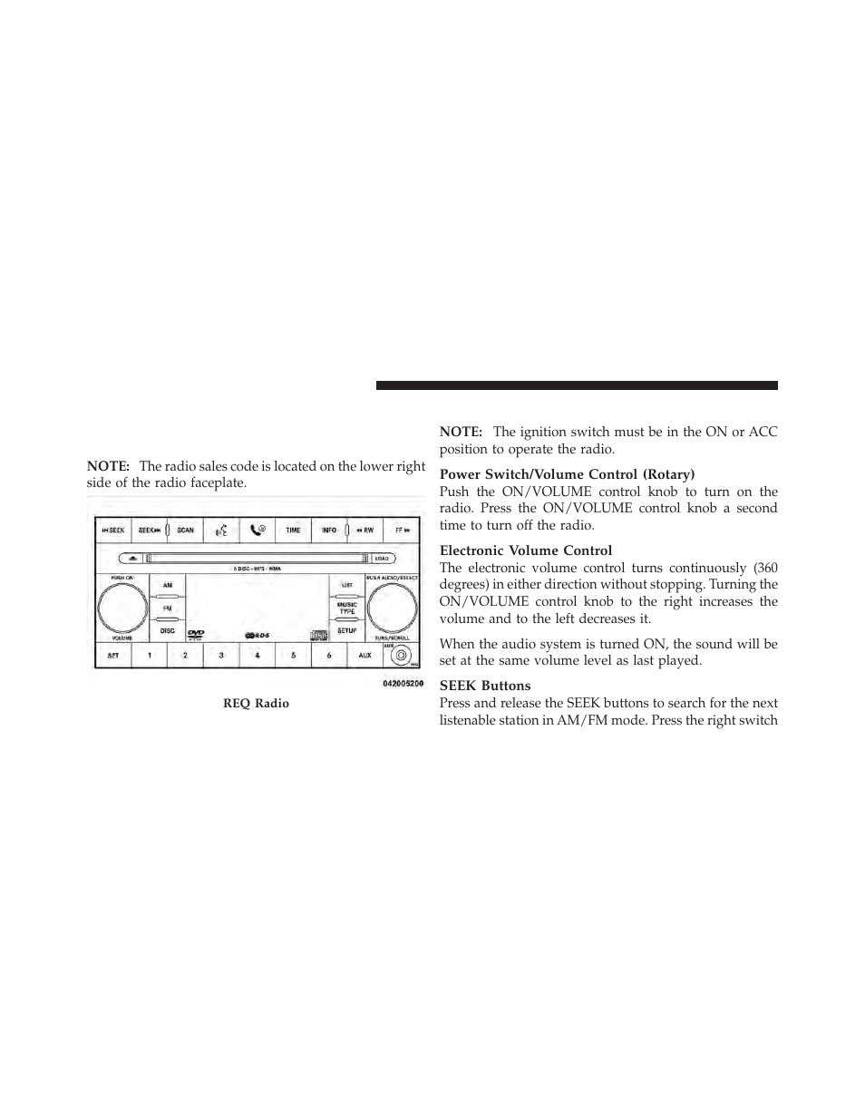 Operating instructions - radio mode, Media center 230 (req) — am/fm stereo, Radio and 6–disc cd/dvd changer (mp3/wma aux jack) | Dodge 2010 Dakota User Manual | Page 189 / 450