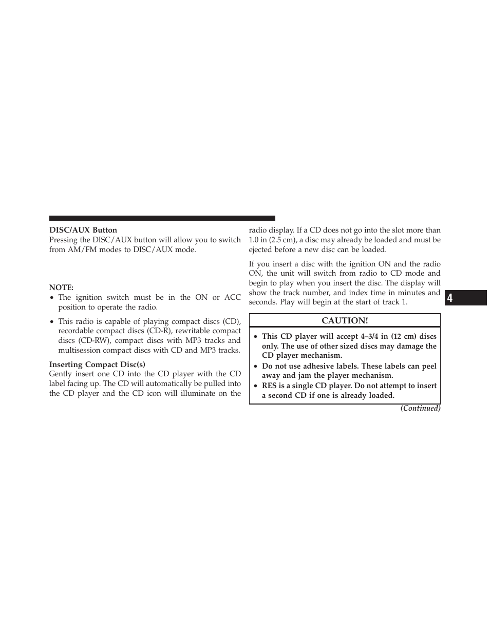 Operation instructions — cd mode for cd, And mp3 audio play | Dodge 2010 Dakota User Manual | Page 224 / 450