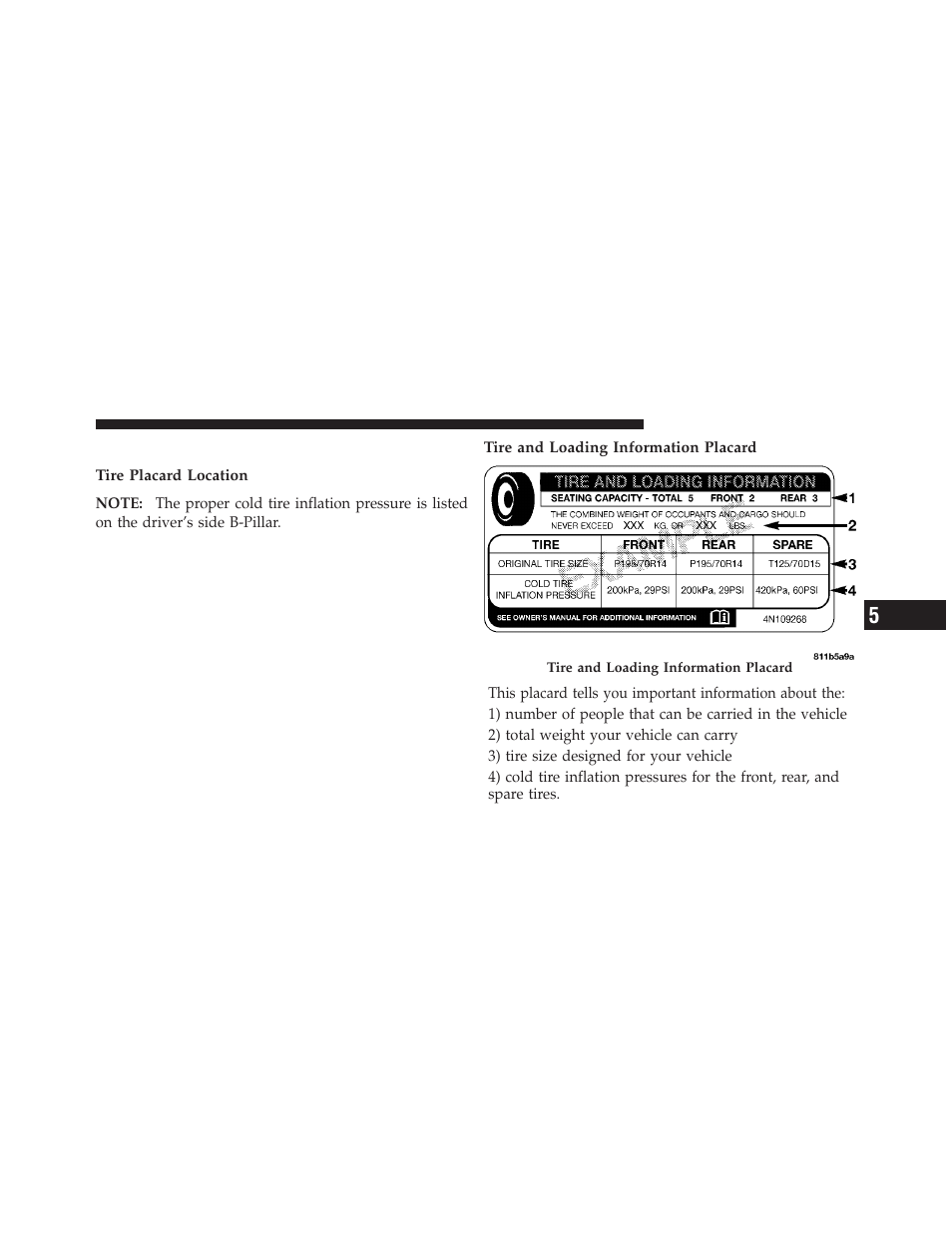 Tire loading and tire pressure | Dodge 2010 Dakota User Manual | Page 280 / 450