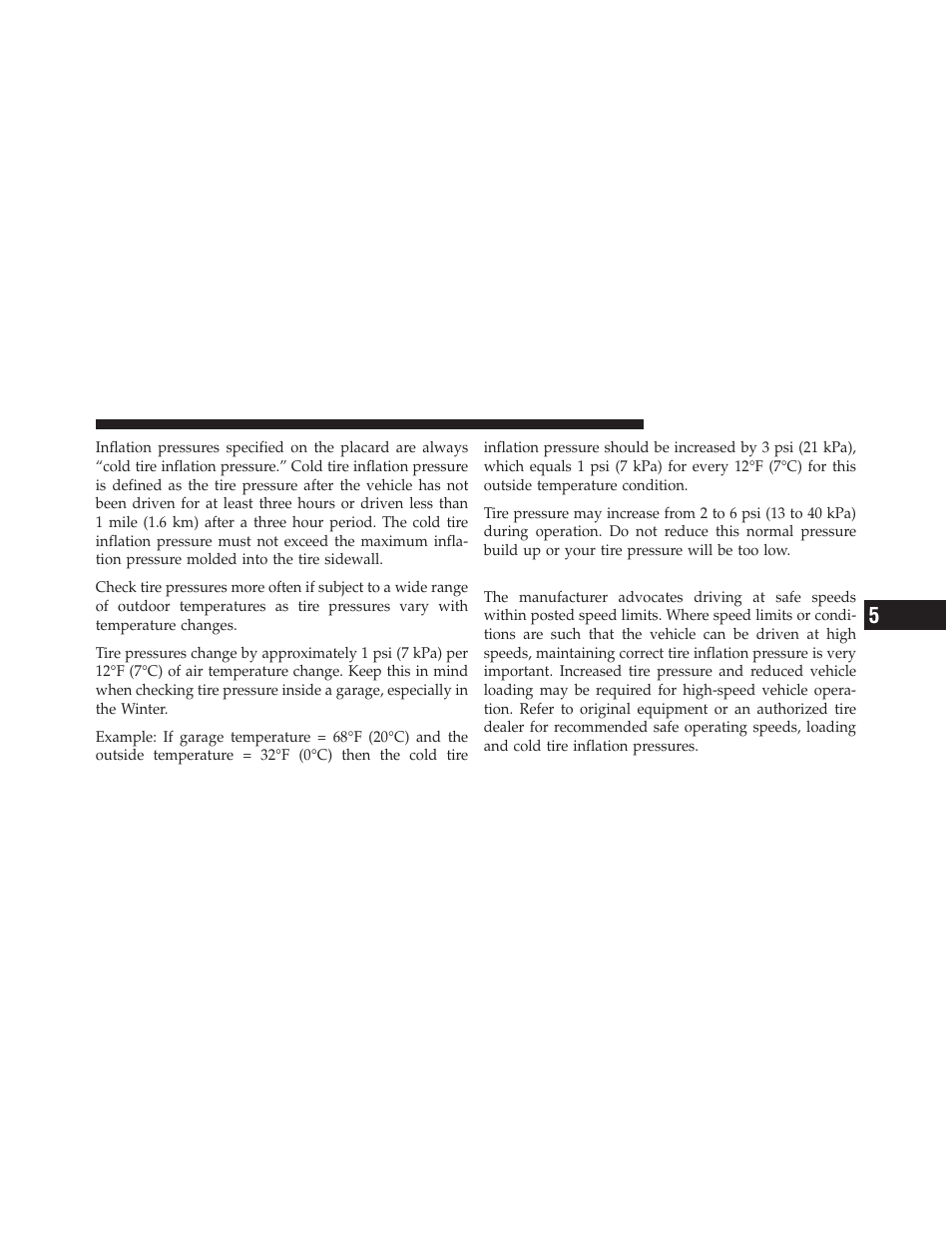 Tire pressures for high speed operation | Dodge 2010 Dakota User Manual | Page 286 / 450