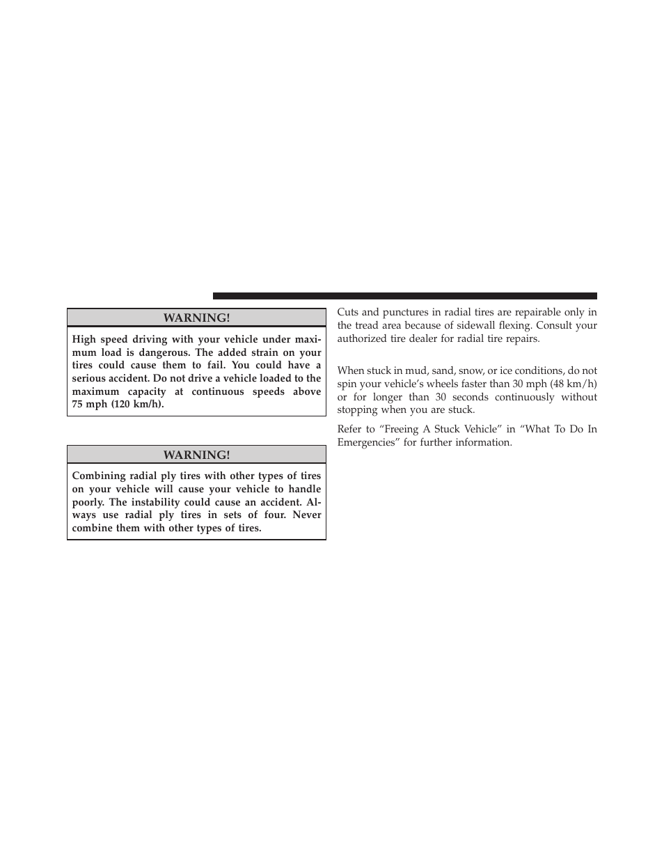 Radial ply tires, Tire spinning | Dodge 2010 Dakota User Manual | Page 287 / 450