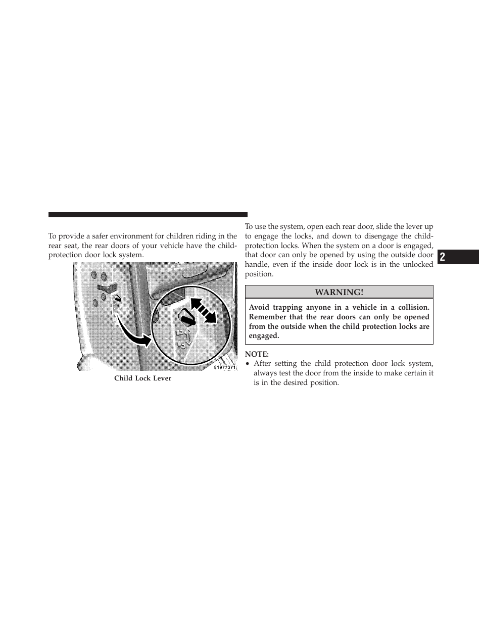 Child protection door lock | Dodge 2010 Dakota User Manual | Page 34 / 450