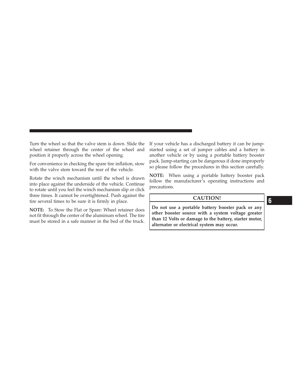 To stow the flat or spare, Jump-starting procedures | Dodge 2010 Dakota User Manual | Page 344 / 450