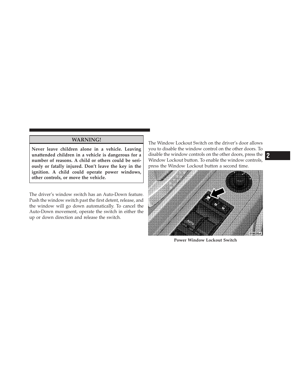 Auto-down — driver's side only, Window lockout switch, Auto-down — driver’s side only | Dodge 2010 Dakota User Manual | Page 36 / 450