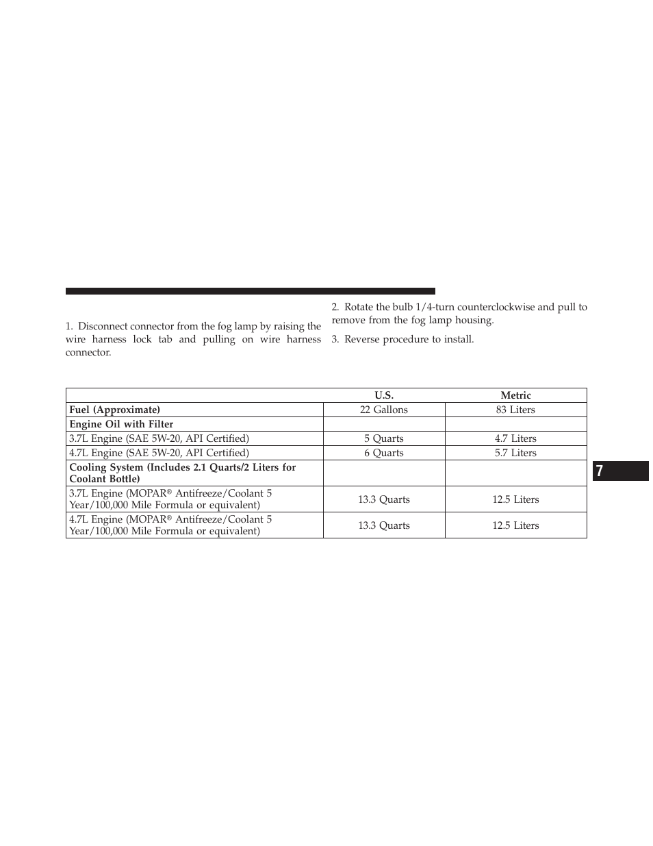 Fog lamps, Fluid capacities | Dodge 2010 Dakota User Manual | Page 400 / 450