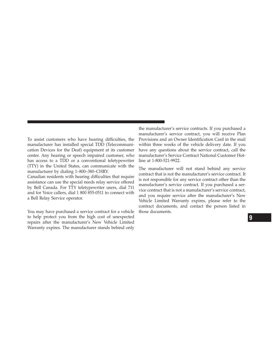 Service contract, Customer assistance for the hearing or, Speech impaired (tdd/tty) | Dodge 2010 Dakota User Manual | Page 426 / 450