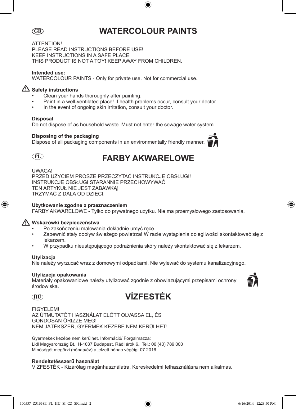 Watercolour paints, Farby akwarelowe, Vízfesték | Crelando Z31638E User Manual | Page 2 / 4