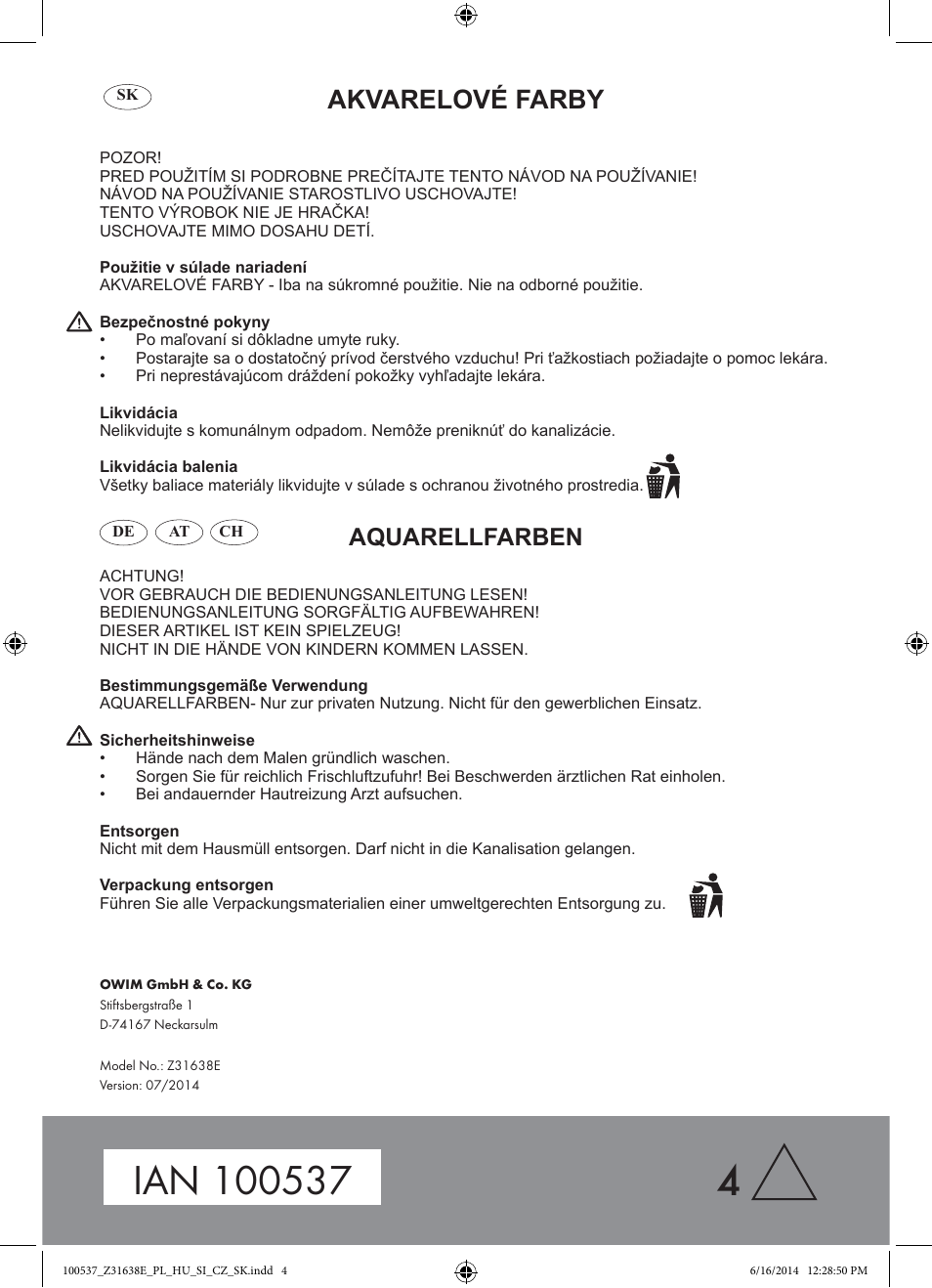Akvarelové farby, Aquarellfarben | Crelando Z31638E User Manual | Page 4 / 4