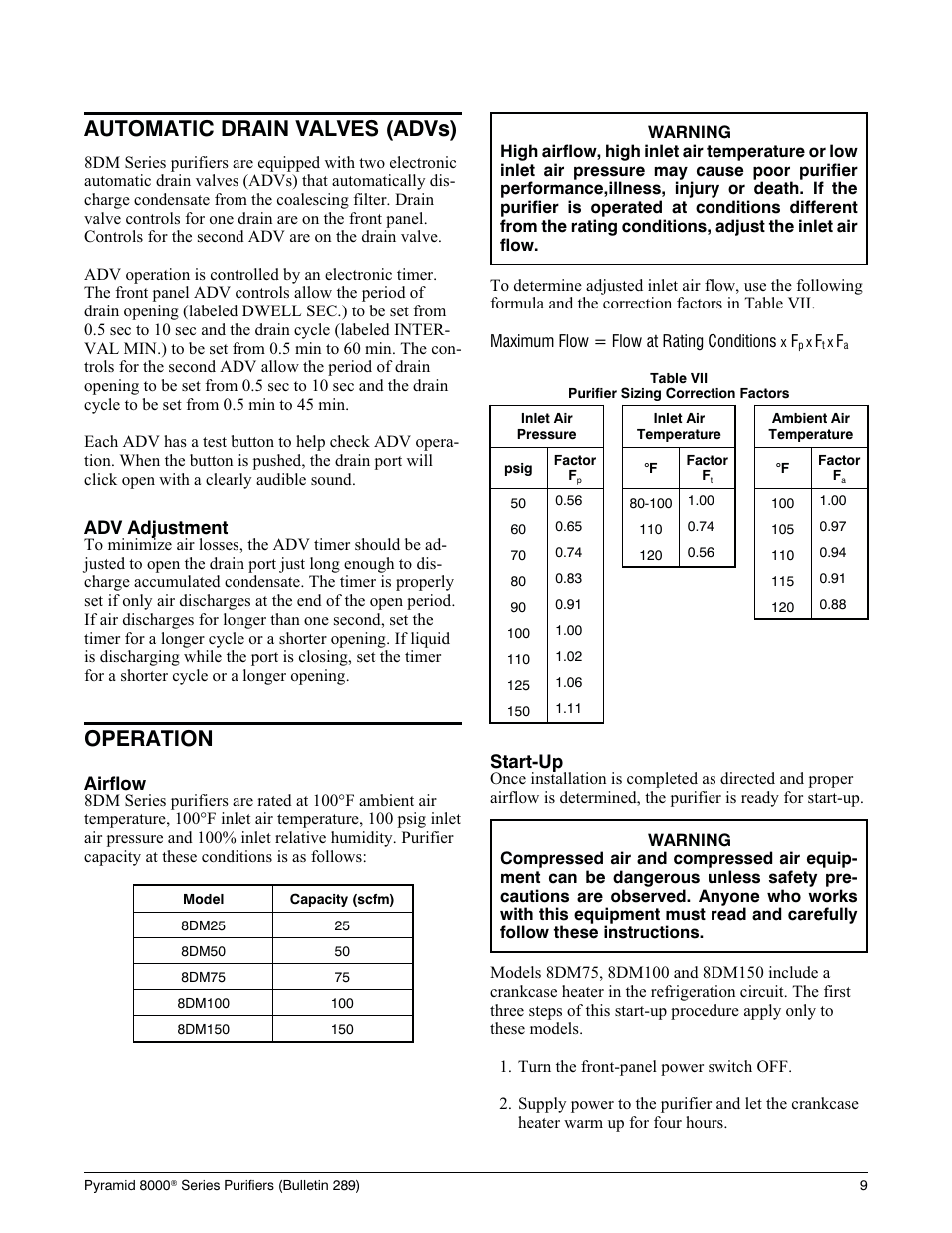 Tem per a ture scan/seek push but ton 7, Ta ble v air and re frig er ant tem per a tures 7, Temperature scan/seek push button | Critical air and refrigerant temperatures, Table v, Air and refrigerant temperatures, Automatic drain valves (advs), Operation | Deltech Fitness PYRAMID 8000 User Manual | Page 13 / 28