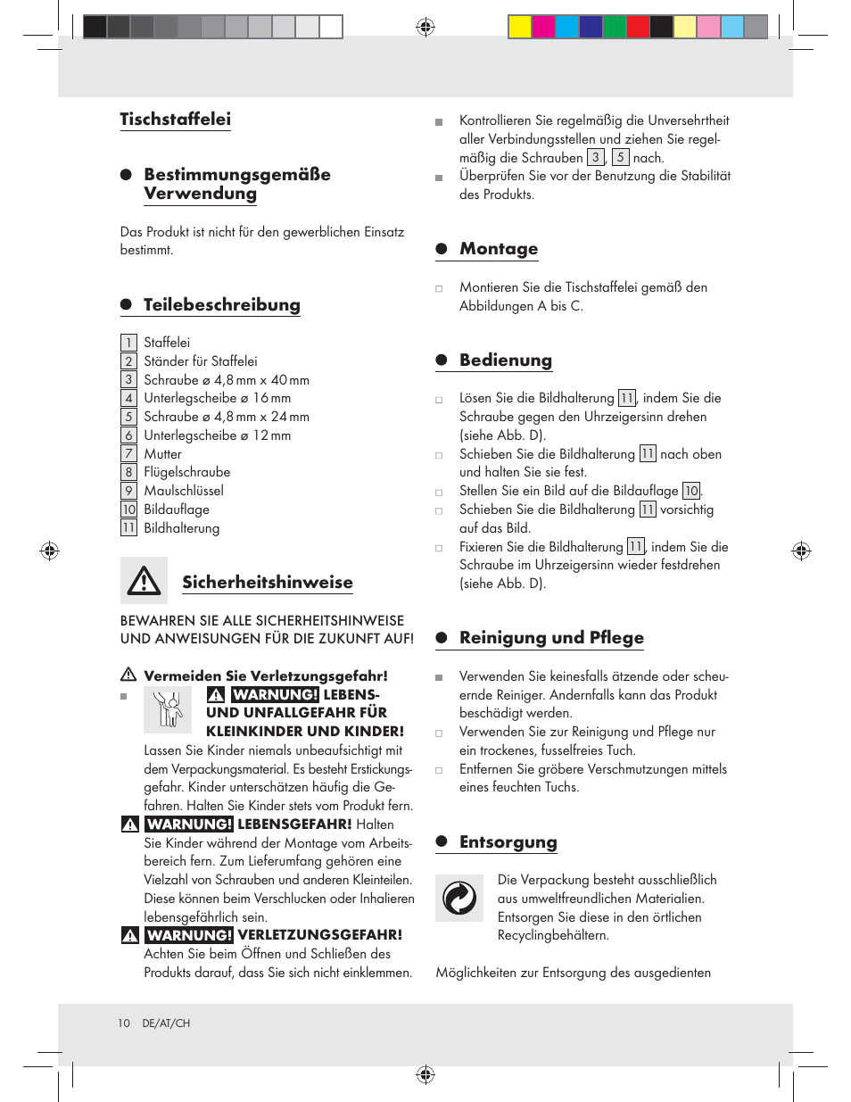 Tischstaﬀelei, Bestimmungsgemäße verwendung, Teilebeschreibung | Sicherheitshinweise, Montage, Bedienung, Reinigung und pﬂege, Entsorgung | Crelando Z23045 User Manual | Page 10 / 15