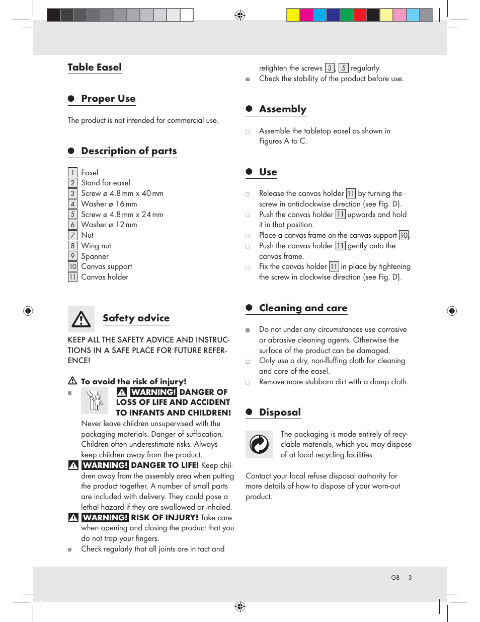 89073_tischstaffelei_content_lb4, Table easel, Proper use | Description of parts, Safety advice, Assembly, Cleaning and care, Disposal | Crelando Z23045 User Manual | Page 3 / 15